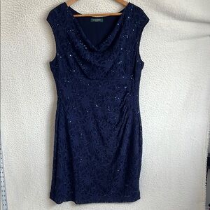 Lauren Ralph Lauren Lace Dress‎ Women’s Size Medium Navy Blue Cowl Neck
